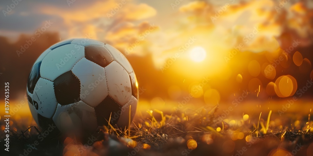 Fototapeta premium Soccer ball in stadium at dawn with crowd blurred in the background. Concept Sports Photography, Stadium Atmosphere, Action Shots, Sunrise Silhouette, Dynamic Composition