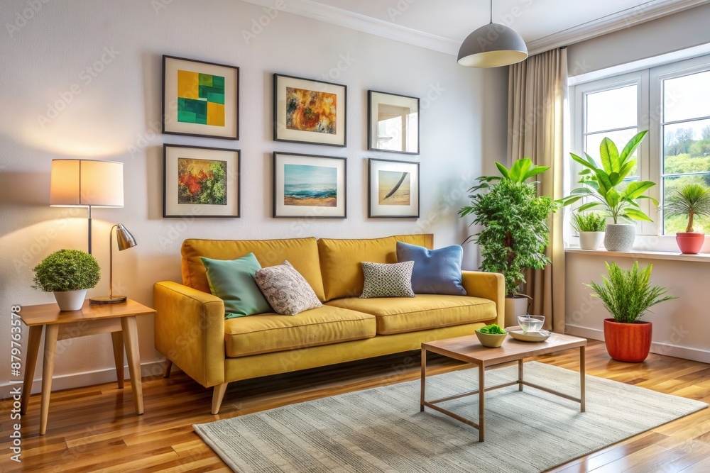 Bright living room with couch and picture frames. Modern interior design. Bright living room with couch and picture frames. Modern interior design.