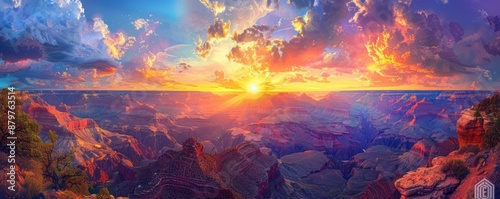 The Grand Canyon at sunset, its vibrant colors painting the sky with hues of gold, orange, and purple, showcasing the grandeur and power of nature.