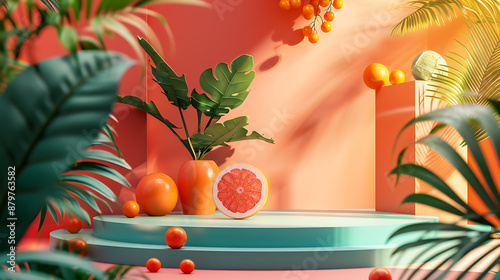 Tropical citrus display podium, vibrant coral and teal colors.