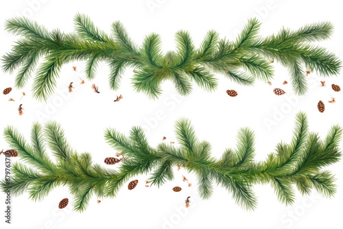 Festive border of coniferous branches and Christmas lights garlands for holiday design Isolated on white background