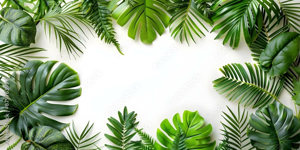 Tropical Leaves Flat Lay with Summer Vibes on White Background. Concept Nature Stills, Tropical Aesthetics, Vibrant Greenery, Summer Vibes, Minimalistic Design Tropical Leaves Flat Lay with Summer Vibes on White Background. Concept Nature Stills, Tropical Aesthetics, Vibrant Greenery, Summer Vibes, Minimalistic Design