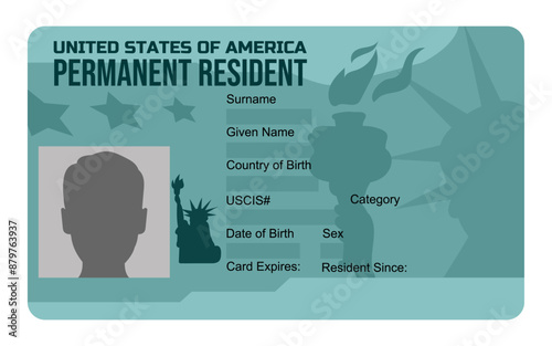 Green card. Sample of a Permanent Resident Card isolated on white background. Cartoon Green card of the United States