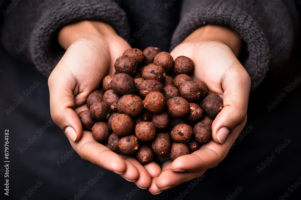 Closeup of handful of round brown organic fertilizer soil balls in hands Closeup of handful of round brown organic fertilizer soil balls in hands