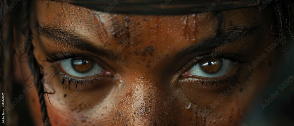 A tight shot of a woman's mud-splattered face, highlighting freckles, framed by blue eyes A tight shot of a woman's mud-splattered face, highlighting freckles, framed by blue eyes
