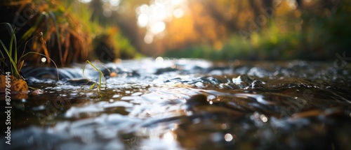  A stream runs through a forest, surrounded by lush green grass and vegetation growing along its banks