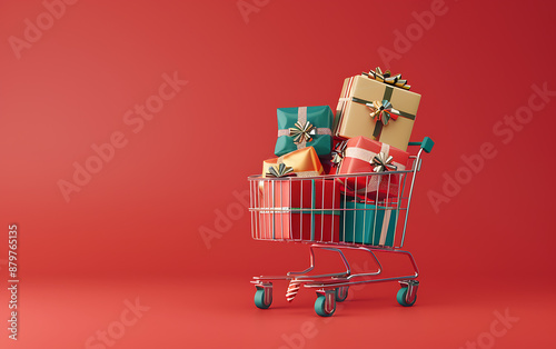 Red shopping cart full of wrapped gifts isolated on red background.