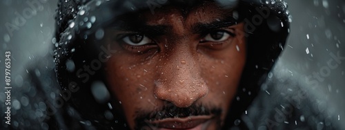  A tight shot of a man in a hooded jacket, raindrops cascading down his face, hood concealing his head