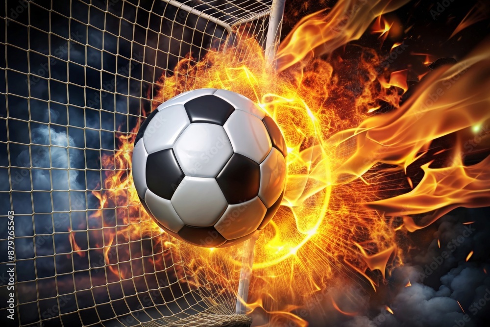 Fototapeta premium Burning soccer ball reaching goal