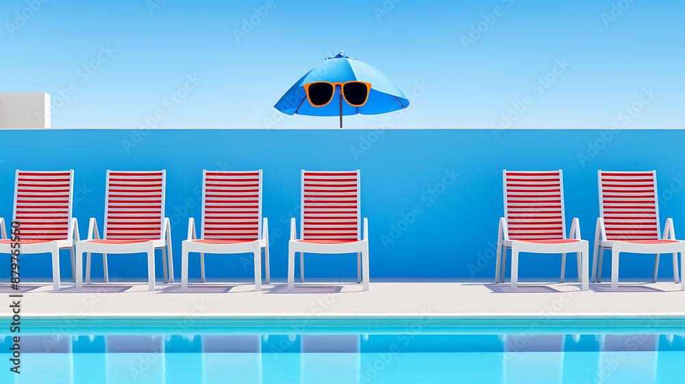 Fototapeta premium Blue and white minimal surreal summer vacation concept with beach chairs and umbrella
