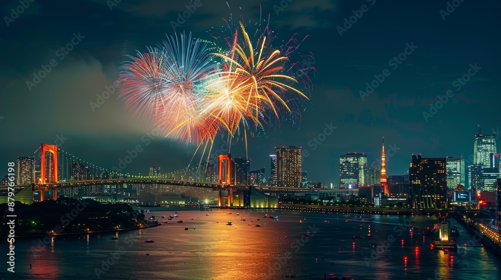 A vibrant display of fireworks illuminates the night sky over a bustling cityscape with a scenic bay area, picturesque reflections, and an iconic bridge in the background. A vibrant display of fireworks illuminates the night sky over a bustling cityscape with a scenic bay area, picturesque reflections, and an iconic bridge in the background.