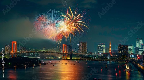 A vibrant display of fireworks illuminates the night sky over a bustling cityscape with a scenic bay area, picturesque reflections, and an iconic bridge in the background. © Eleanor Richards
