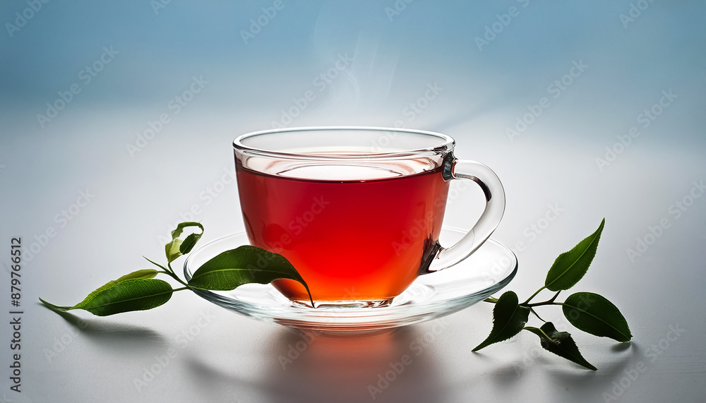 Glass cup of hot aromatic tea with leaves on clear white background Glass cup of hot aromatic tea with leaves on clear white background