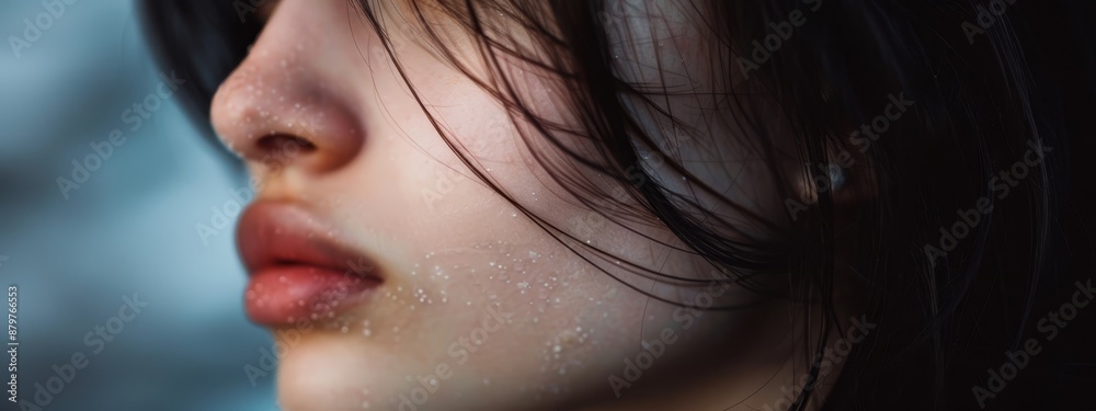 A woman's face, closely framed, covered in falling snow Her hair billows in the wind A woman's face, closely framed, covered in falling snow Her hair billows in the wind