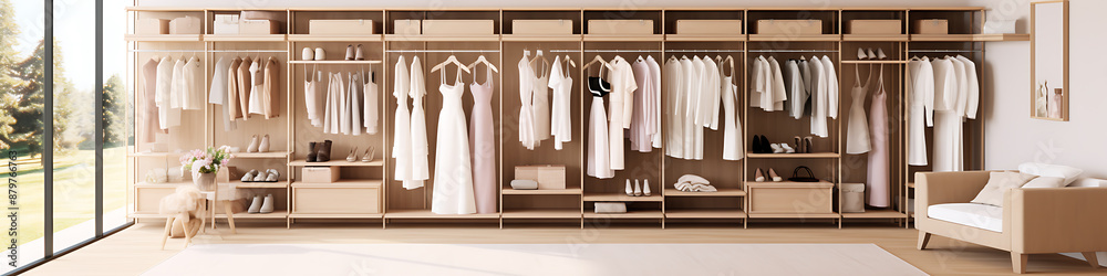 Minimalist and luxury wooden wardrobe with white clothes and accessories in a bright and airy room with a large window Minimalist and luxury wooden wardrobe with white clothes and accessories in a bright and airy room with a large window
