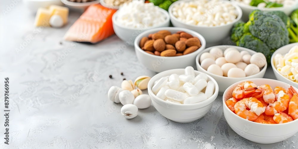 Improving Bone Health Incorporating Calcium-Rich Foods and Collagen Supplements. Concept Healthy Eating, Bone Health, Calcium-Rich Foods, Collagen Supplements, Nutrition Improving Bone Health Incorporating Calcium-Rich Foods and Collagen Supplements. Concept Healthy Eating, Bone Health, Calcium-Rich Foods, Collagen Supplements, Nutrition