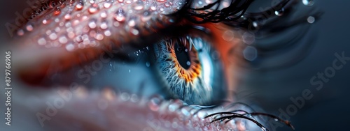  A tight shot of an eye, adorned with tears on its iris