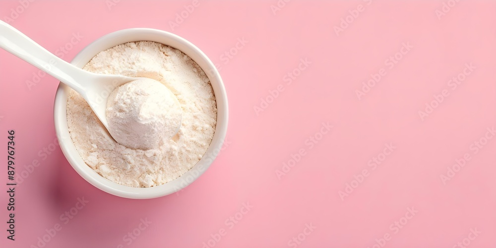 Bird's eye view of collagen or protein powder on pastel background as a natural supplement. Concept Flatlay Photography, Healthy Lifestyle, Natural Supplements, Food Styling, Product Photography Bird's eye view of collagen or protein powder on pastel background as a natural supplement. Concept Flatlay Photography, Healthy Lifestyle, Natural Supplements, Food Styling, Product Photography