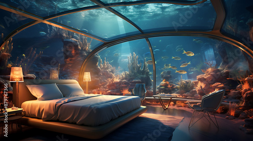 Fototapeta Naklejka Na Ścianę i Meble -  Futuristic underwater hotel bedroom with large glass window looking into the coral reef