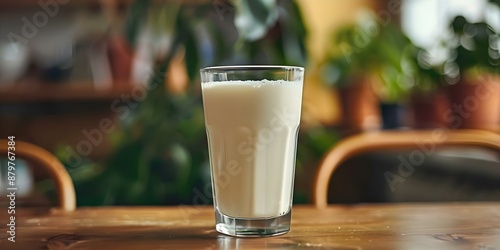 A glass of nonhomogenized milk with a creamy top from sustainable dry farms. Concept Whole Milk, Creamy Top, Non-homogenized, Sustainable Farming, Dry Farming