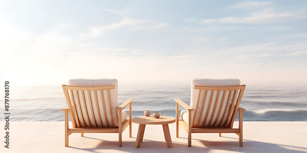 Serene beach scene: Two beige cushioned wooden chairs face ocean; tranquil summer vacation.
Serene beach scene: Two beige cushioned wooden chairs face ocean; tranquil summer vacation.