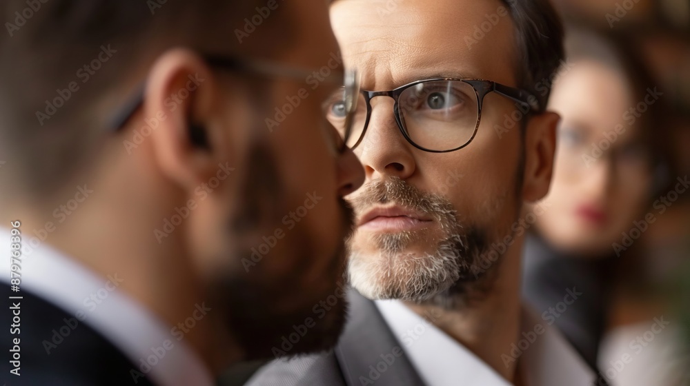 A close-up view of a middle-aged man wearing glasses intensely looking at another man, with a woman in the background focusing on them, suggesting a serious conversation. A close-up view of a middle-aged man wearing glasses intensely looking at another man, with a woman in the background focusing on them, suggesting a serious conversation.