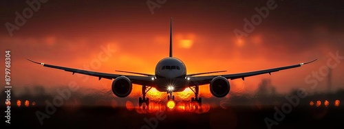  A large jetliner atop an airport tarmac as sunset's glow backs the sun