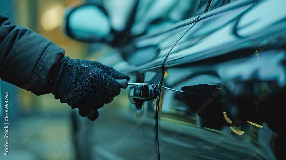 A close-up shot of a person wearing gloves, using a tool to unlock a car door, possibly suggesting a car theft or break-in in progress during night time or low light. A close-up shot of a person wearing gloves, using a tool to unlock a car door, possibly suggesting a car theft or break-in in progress during night time or low light.