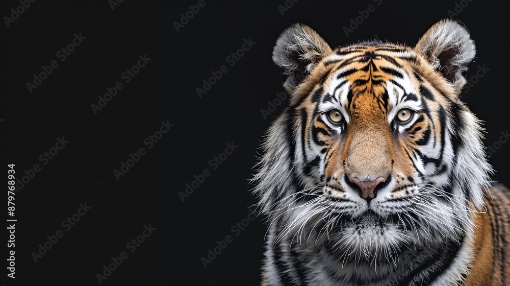 The image captures a majestic tiger with an intense and focused stare, set against a plain black background, showcasing its beauty, power, and regal presence in high detail. The image captures a majestic tiger with an intense and focused stare, set against a plain black background, showcasing its beauty, power, and regal presence in high detail.