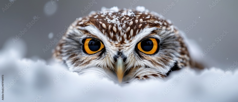 A tight shot of an owl's face amidst snow-covered ground, with snowflakes gently descending A tight shot of an owl's face amidst snow-covered ground, with snowflakes gently descending