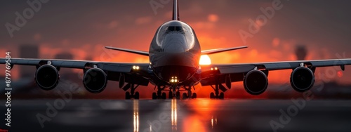  A large jetliner atop an airport tarmac as sunset's orange glow sets behind it