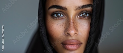  A tight shot of a woman's face, adorned with natural-looking freckles on both her skin and makeup