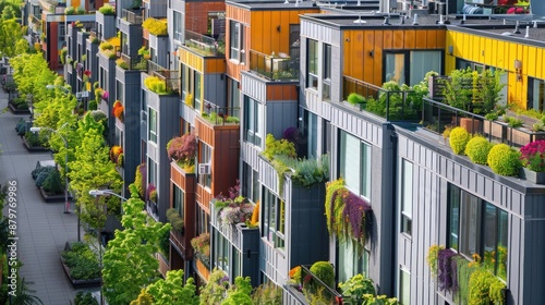 Fototapeta Naklejka Na Ścianę i Meble -  A city street with rows of townhouses featuring colorful facades and rooftop gardens.