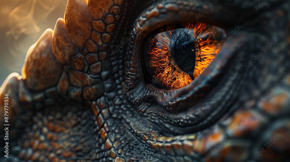 Stunning sharp close-up image capturing the intricate details and fiery colors of a dragon's eye, showcasing an intense look with a reflection. Stunning sharp close-up image capturing the intricate details and fiery colors of a dragon's eye, showcasing an intense look with a reflection.