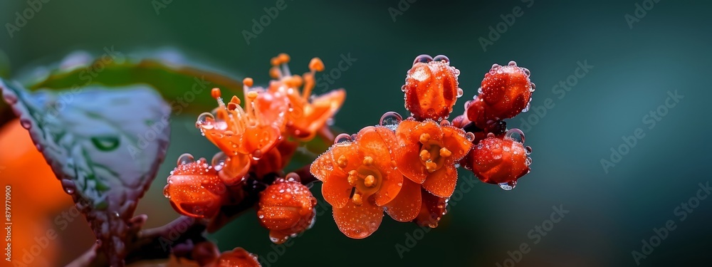 Close-up of orange flowers with water droplets and a green leaf in foreground Close-up of orange flowers with water droplets and a green leaf in foreground