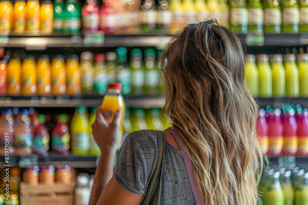 A woman examines a bottle of juice in the juice section of a grocery store A woman examines a bottle of juice in the juice section of a grocery store