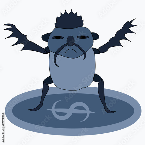 a greedy beetle stands on a crypto coin with its paws spread to the sides. Vector image.