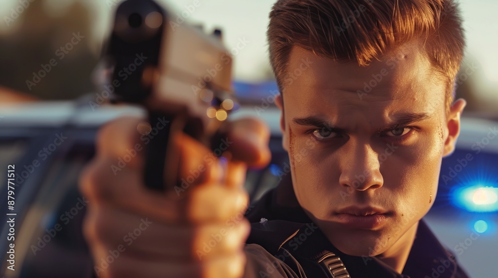 A determined officer points a gun directly forward in an intense scene at sunset, capturing the element of authority and urgency, with a police car in the background. A determined officer points a gun directly forward in an intense scene at sunset, capturing the element of authority and urgency, with a police car in the background.