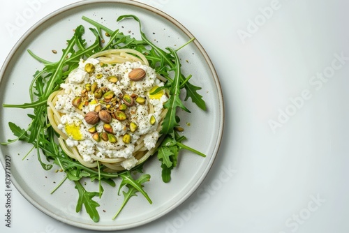 Elegant Ditaloni with Ricotta and Nuts on Fresh Arugula photo