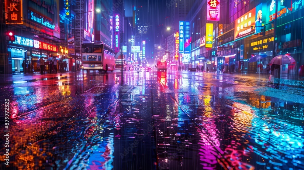 Obraz premium Neon Lit Street With Reflections After Rain