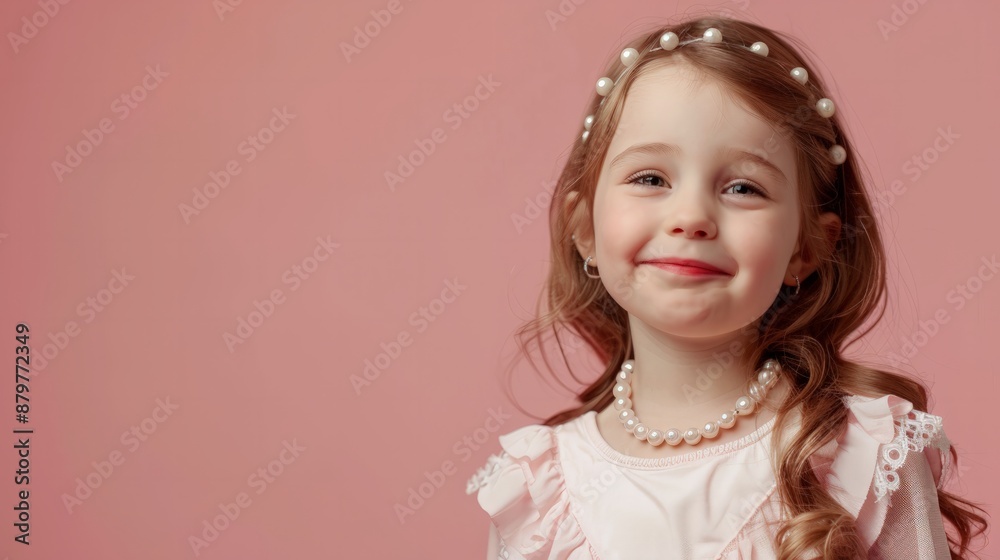 A young girl with long brown hair and a pearl necklace smiles softly A young girl with long brown hair and a pearl necklace smiles softly