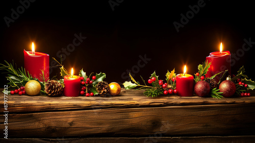 A festive scene with colorful ornaments, lit candles, and twinkling lights, arranged in a cozy, inviting manner. Negative space at the top and bottom for text placement. photo