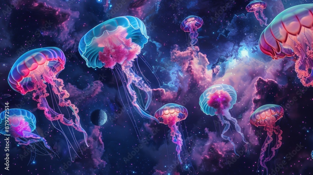 A colorful image of jellyfish floating in space. Generate AI image A colorful image of jellyfish floating in space. Generate AI image