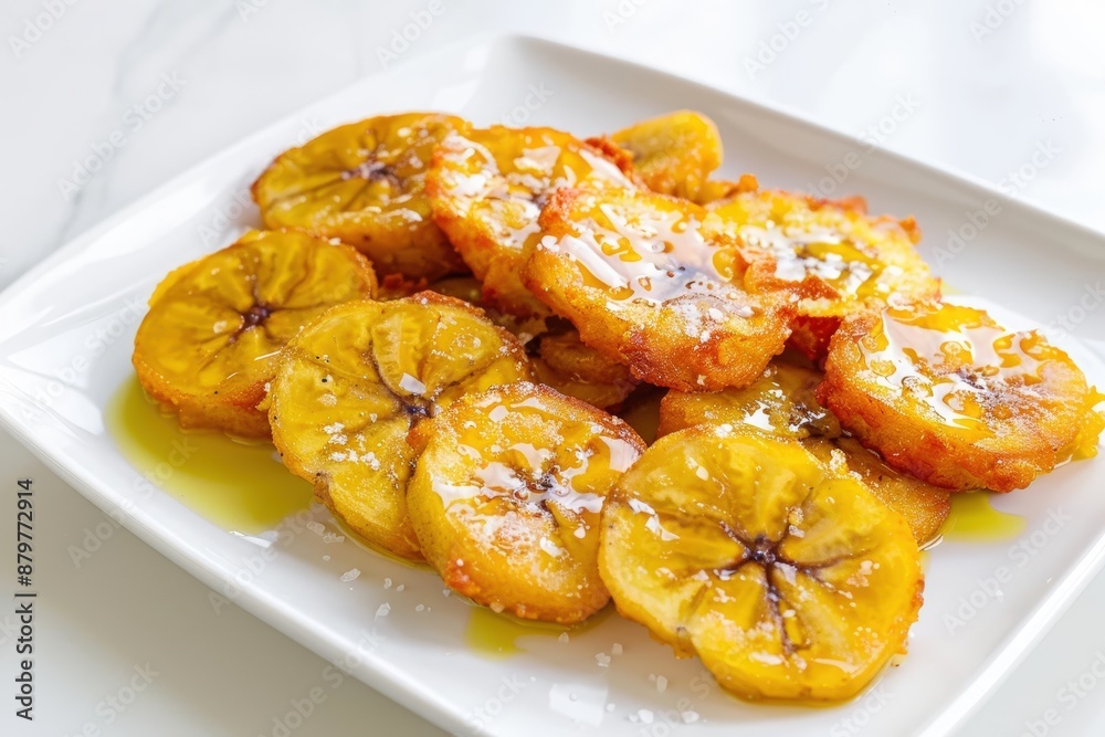 Artfully Arranged Plantains on White Plate Artfully Arranged Plantains on White Plate