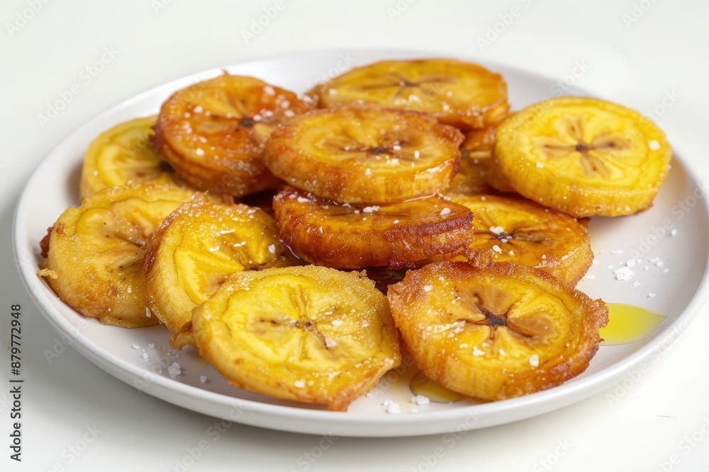 Golden-Brown Plantains with Olive Oil Drizzle on White Plate Golden-Brown Plantains with Olive Oil Drizzle on White Plate