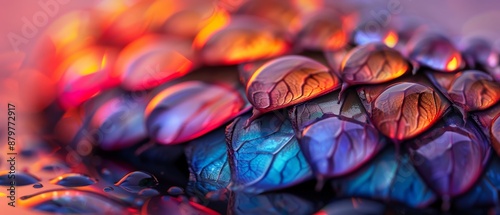  A tight shot of numerous wet leaves, displaying water droplets at their lowermost edges photo