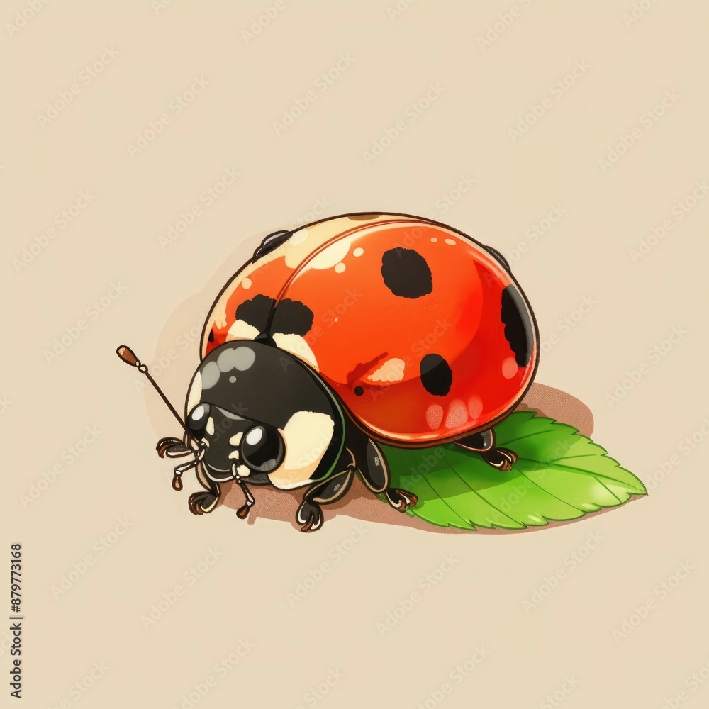 Fototapeta premium Cute ladybug on a leaf, sticker, cartoon drawing, simple, character, kawaii, simple, background