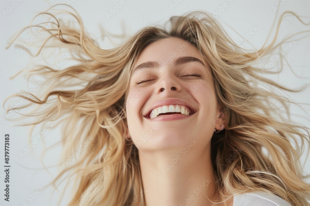 A young woman with blonde hair laughs joyfully, her head tilted back, in a bright, airy studio setting. Her hair is tousled and flowing around her face