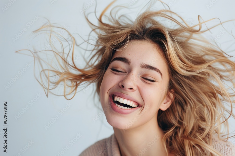 A young woman with blonde hair laughs with her eyes closed in a bright studio setting A young woman with blonde hair laughs with her eyes closed in a bright studio setting