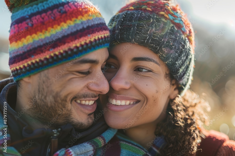 Portrait of a happy mixed race couple in their 20s sporting a trendy beanie isolated on bright spring meadow Portrait of a happy mixed race couple in their 20s sporting a trendy beanie isolated on bright spring meadow